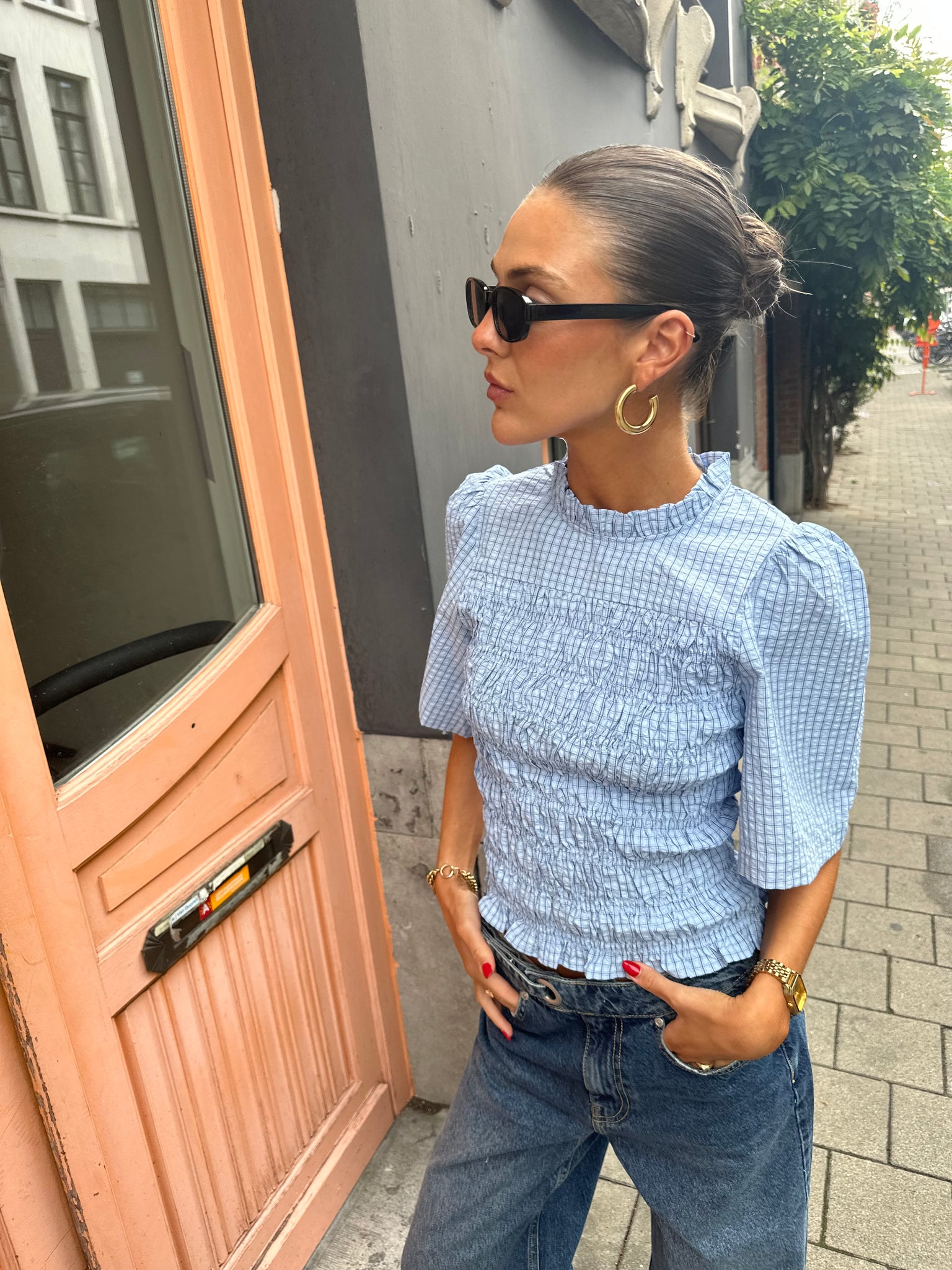 Possini check top blue