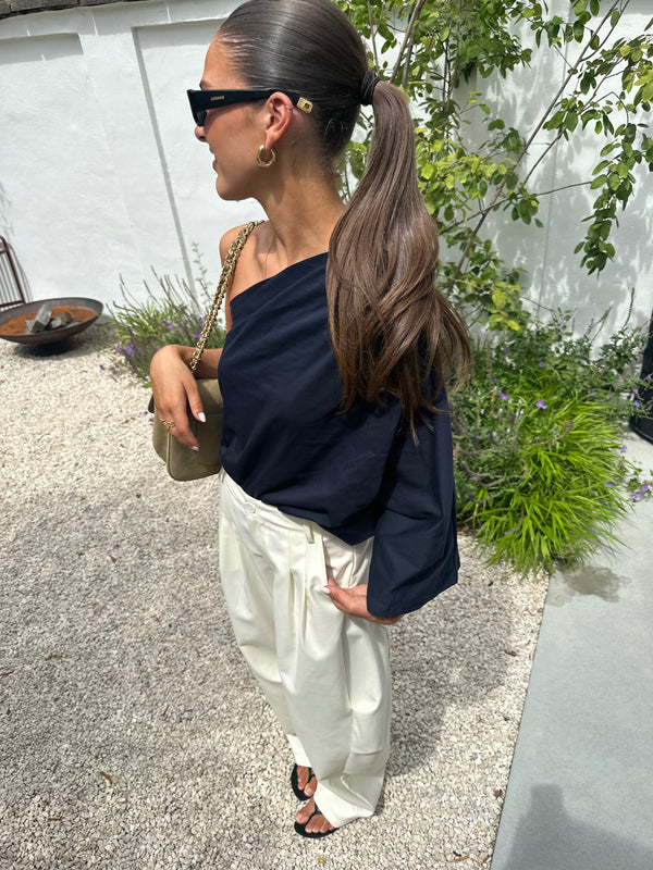 Navy one shoulder tee